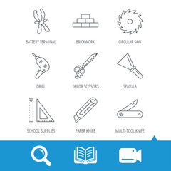Paper knife, spatula and scissors icons. Circular saw, brickwork and drill tool linear signs. Multi-tool knife, rulers icons. Video cam, book and magnifier search icons. Vector