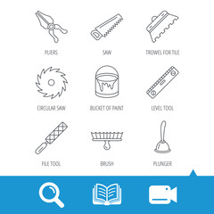 Trowel for tile, saw and brush tool icons. Level and file tool, bucket of paint linear signs. Plunger, pliers icons. Video cam, book and magnifier search icons. Vector