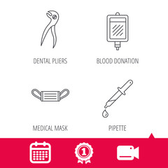 Achievement and video cam signs. Medical mask, blood and dental pliers icons. Pipette linear sign. Calendar icon. Vector