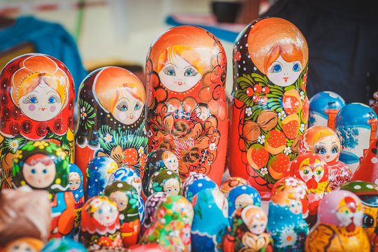 picturesque goods at a fair: Russian painted dolls