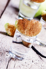 Alcoholic cocktail quick vanilla shot with homemade vodka and gr