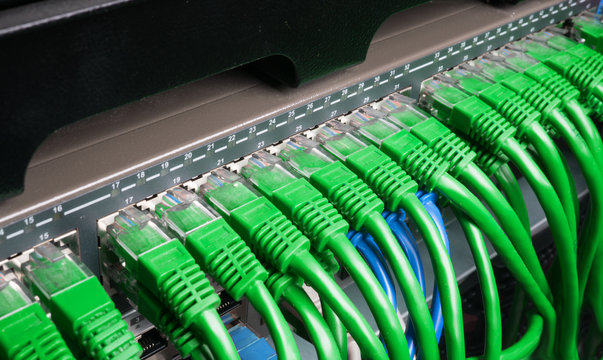 Server rack with green internet patch cord cables