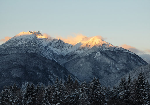 Sunrise over Snow-covered Mountains of the Lechtal Alps (View from Obsteig in Tirol, Austria)  in Winter