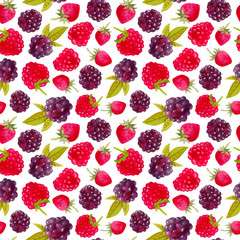 Seamless pattern with blackberries, raspberries and strawberries. Colorful illustration. Watercolor handpainted texture on white background for wallpaper, blogs,cover