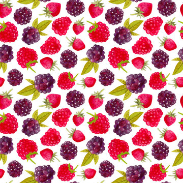 Seamless pattern with blackberries, raspberries and strawberries. Colorful illustration. Watercolor handpainted texture on white background for wallpaper, blogs,cover