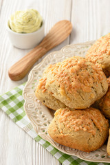 Homemade fresh wholegrain bread buns with cheese and garlic butter. 