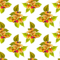 Watercolor seamless pattern with hand painted forest plants, mushrooms, leaf and berries.in bright cartoon style