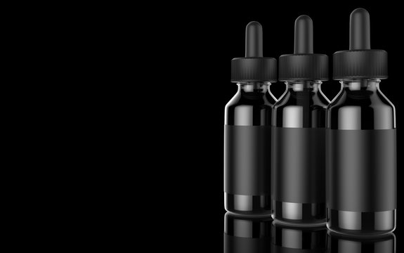 E cigarettes Liquid Bottle on black background. Vape. 3d illustration.
