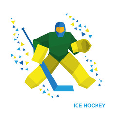 Winter sports - ice hockey. Cartoon goalkeeper with hockey-stick catches the puck. Player in helmet and with shields. Flat style vector clip art isolated on white background.