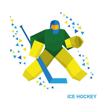 Winter sports - ice hockey. Cartoon goalkeeper with hockey-stick catches the puck. Player in helmet and with shields. Flat style vector clip art isolated on white background.