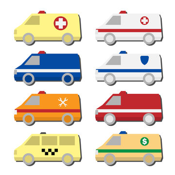 Set of different types of automobiles icons in vector. Van symbols - ambulance, police car, fire truck, taxi, service vehicle, tax collector. 