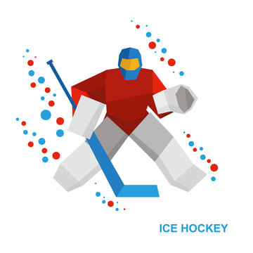 Cartoon goalkeeper with hockey-stick catches the puck