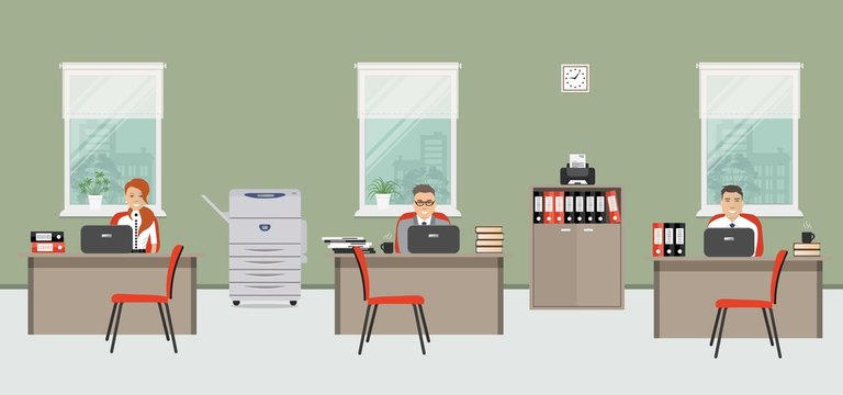 Web banner of three office workers. The young woman and men are the employees at work. There is furniture in beige color and red chairs on a green background in the picture. Vector flat illustration