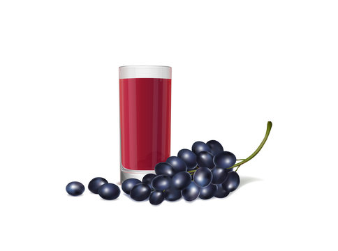 Illustration of a fresh juice and bunch of grapes on white background