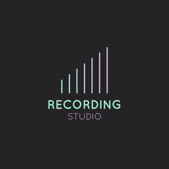 Simple Vector Icon Style Music Logos. Recording Studio Label. Podcast and Radio Badge with Sample Text. Design with Waves, Headphones and Mixing console