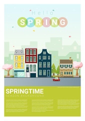 Hello spring cityscape background , vector , illustration
