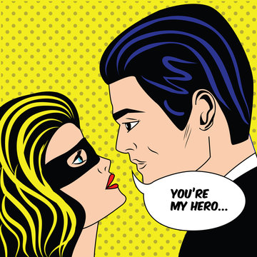 Man and woman in black superhero mask love couple in vintage pop art comic style