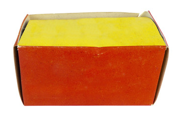 An ordinary used yellow and orange box. Isolated. Horizontal.