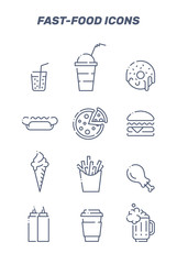 Set of vector lined fast food icons.