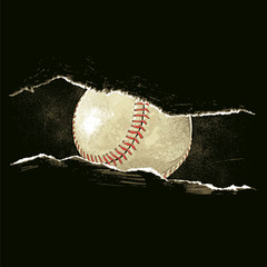 Baseball ball behind a rip - obrazy, fototapety, plakaty