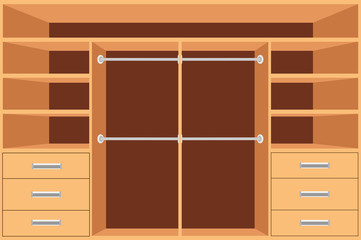 Closet, Wardrobe with shelves and drawers. Empty cupboard, Furniture interior design, Wardrobe room, vector illustration.