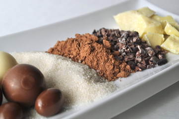 Chocolates, sugar, cacao powder, cacao beans and cacao butter