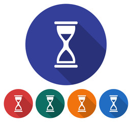 Round icon of hourglass. Flat style illustration with long shadow in five variants background color