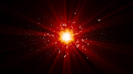 the explosion of binary stars in cyberspace, abstract bright digital star with red rays