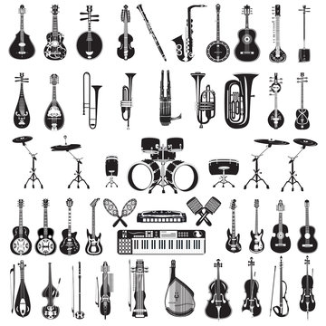 Vector set of black and white musical instruments isolated, flat style