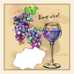 Card with sketch grapes, wine