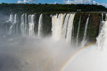 Panorama of the Iguazu Waterfalls in Argentina and Brazil with rainbow