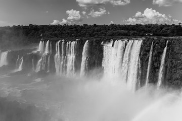 Panorama of the Iguazu Waterfalls in Argentina and Brazil in black and white