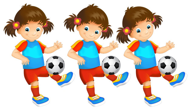 Cartoon child - girl - playing football - activity - illustration for children