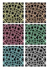 Set of classic rounded patterns on black background. Different color variants - white, purple, blue, green, yellow, dark red. Template for  textile or paper print, contrasting colors