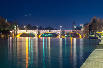 Bridge turin and PO river at night, long exposure