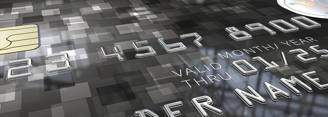 Macro of Credit Card. Panorama Macro view of Credit Card with Chip. Black square pattern plastic. 3D render. Generic names and numbers, non branded.