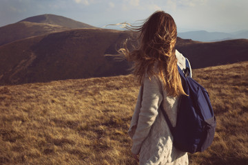 Young woman walking in the Carpathians  Mountain