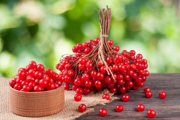 ripe red viburnum berries in a wooden bowl on table with blurred garden background