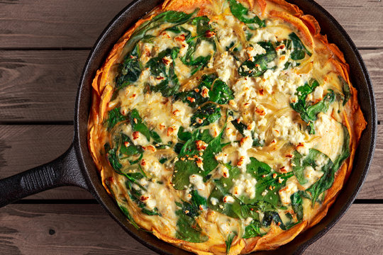 Home made Spinach quiche in a sweet potato crust with feta cheese