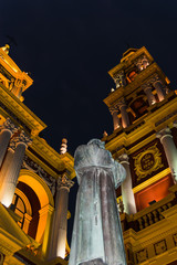 San Francisco in front of the illuminated San Francisco Church in Salta, Argentina at night