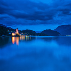 Fototapeta na wymiar View on the lakefront of the city of St. Wolfgang, Austria in blue hour