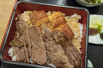 Delicious Japanese style Grill Eel fish and grill beef rice