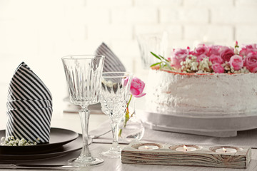 Table served for wedding dinner, close up