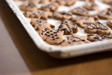 Decoration on gingerbread cookie close up.
