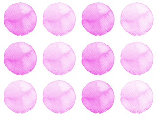 Watercolor circles collection pink colors. Stains set isolated on white background. Design elements