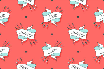 Seamless pattern with words Love and Forever for Valentine Day, Lovers Day or wedding. Hand drawn design in Love theme for wrapping paper, packaging, wallpaper, background. Vector Illustration