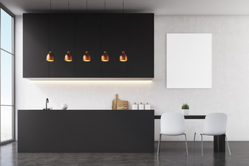 Kitchen interior: black wall, poster