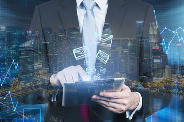 Man's torso, graphs, tablet, forex