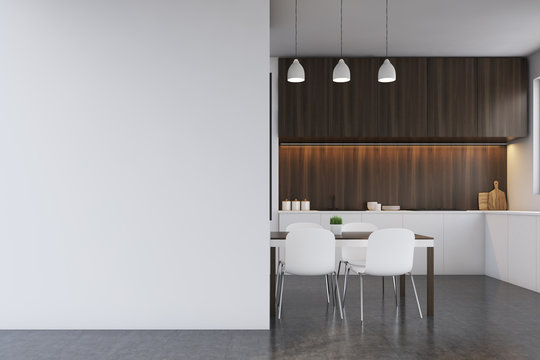 Kitchen With Dark Wood Furniture, Blank Wall