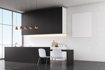 Kitchen interior: white walls and poster